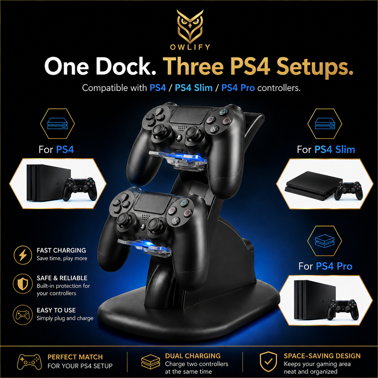 Owlify PS4 Dual Controller Charging Station – USB-Powered Vertical Charging Dock with LED Indicators, Overcharge Protection & Space-Saving Design