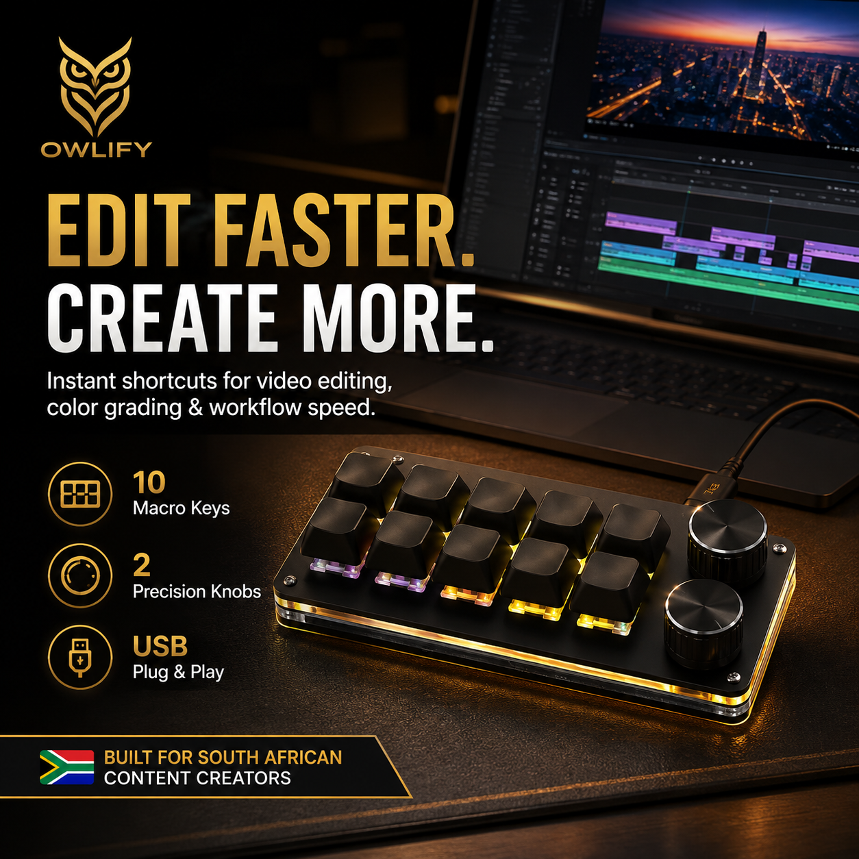 Owlify CreatorDeck X10 – Programmable Mechanical Macro Pad with Dual Control Knobs
