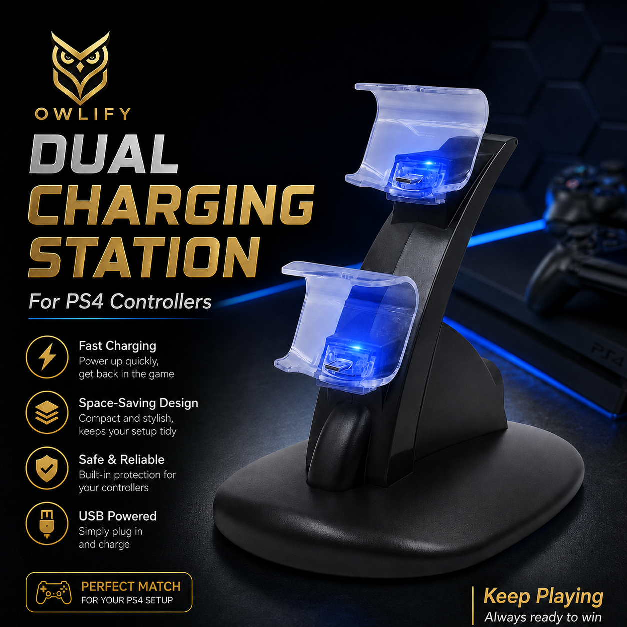 Owlify PS4 Dual Controller Charging Station – USB-Powered Vertical Charging Dock with LED Indicators, Overcharge Protection & Space-Saving Design
