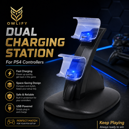 Owlify PS4 Dual Controller Charging Station – USB-Powered Vertical Charging Dock with LED Indicators, Overcharge Protection & Space-Saving Design