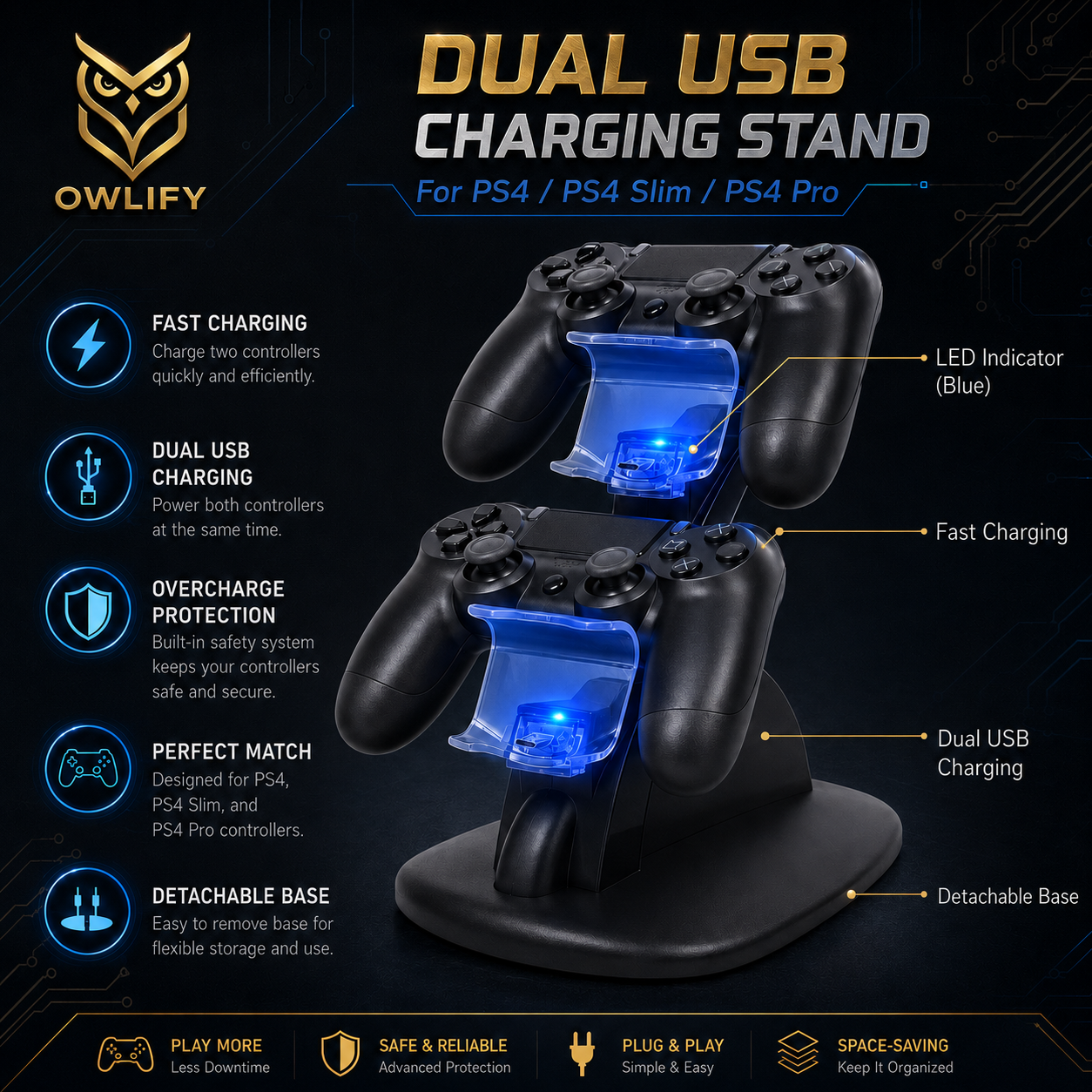 Owlify PS4 Dual Controller Charging Station – USB-Powered Vertical Charging Dock with LED Indicators, Overcharge Protection & Space-Saving Design