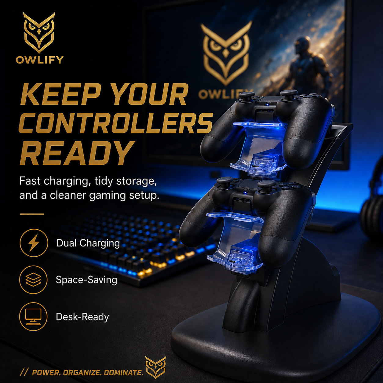 Owlify PS4 Dual Controller Charging Station – USB-Powered Vertical Charging Dock with LED Indicators, Overcharge Protection & Space-Saving Design
