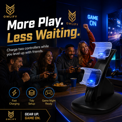Owlify PS4 Dual Controller Charging Station – USB-Powered Vertical Charging Dock with LED Indicators, Overcharge Protection & Space-Saving Design
