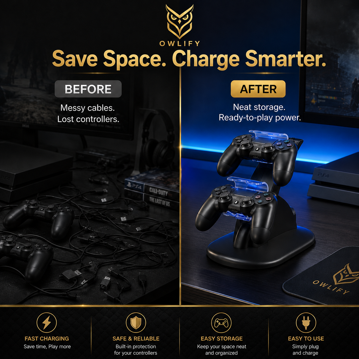 Owlify PS4 Dual Controller Charging Station – USB-Powered Vertical Charging Dock with LED Indicators, Overcharge Protection & Space-Saving Design