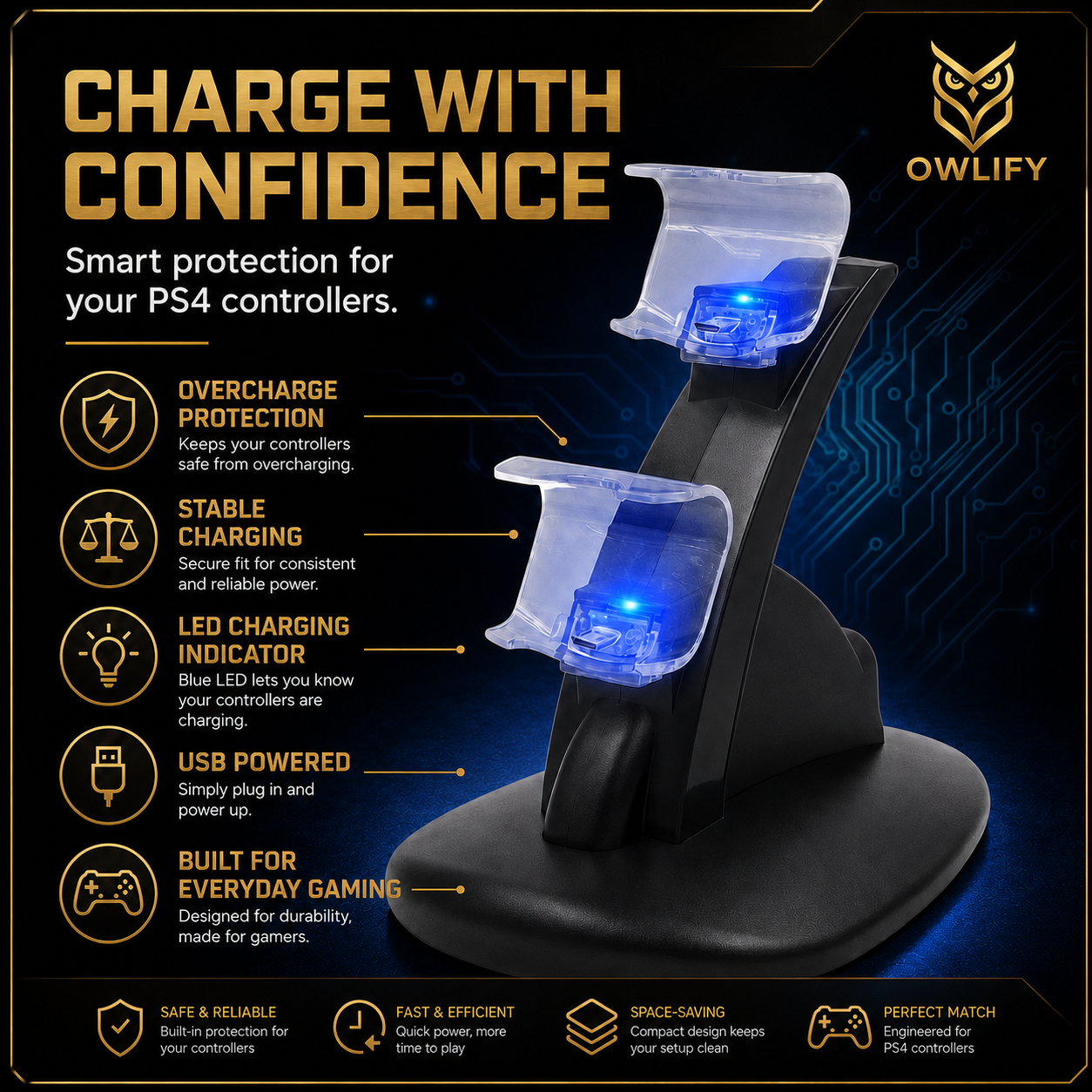 Owlify PS4 Dual Controller Charging Station – USB-Powered Vertical Charging Dock with LED Indicators, Overcharge Protection & Space-Saving Design