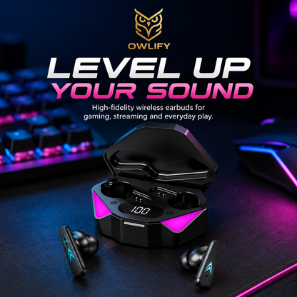 Owlify NeonCore Wireless Gaming Earbuds – Digital Power Display & Touch Control