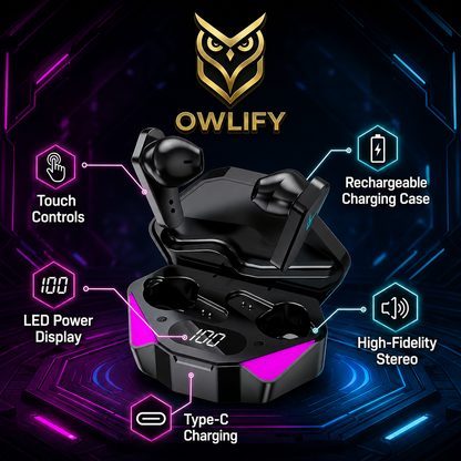 Owlify NeonCore Wireless Gaming Earbuds – Digital Power Display & Touch Control