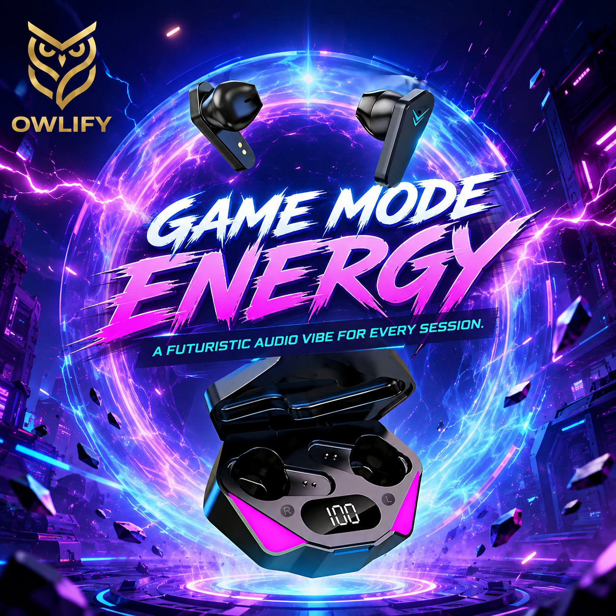 Owlify NeonCore Wireless Gaming Earbuds – Digital Power Display & Touch Control