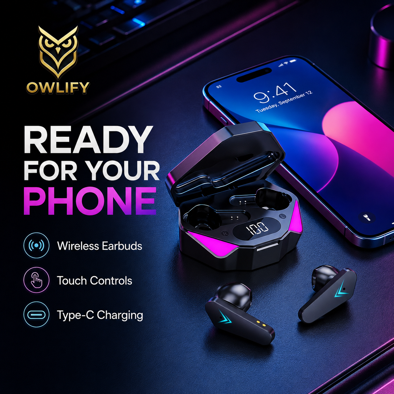 Owlify NeonCore Wireless Gaming Earbuds – Digital Power Display & Touch Control