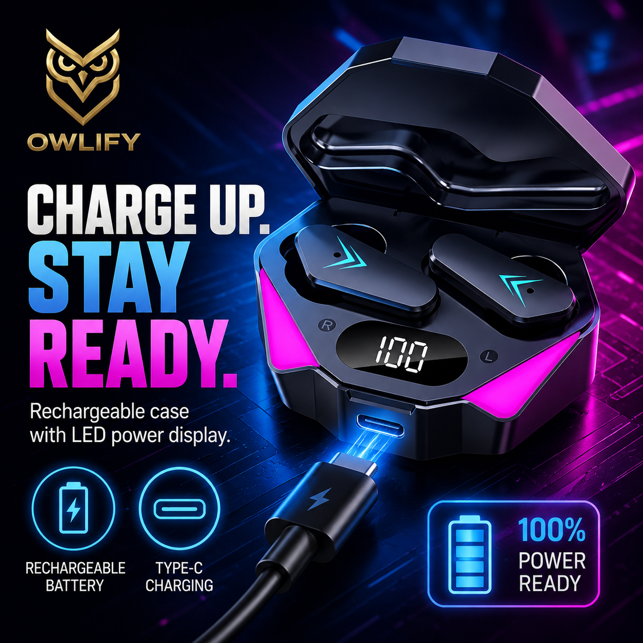 Owlify NeonCore Wireless Gaming Earbuds – Digital Power Display & Touch Control