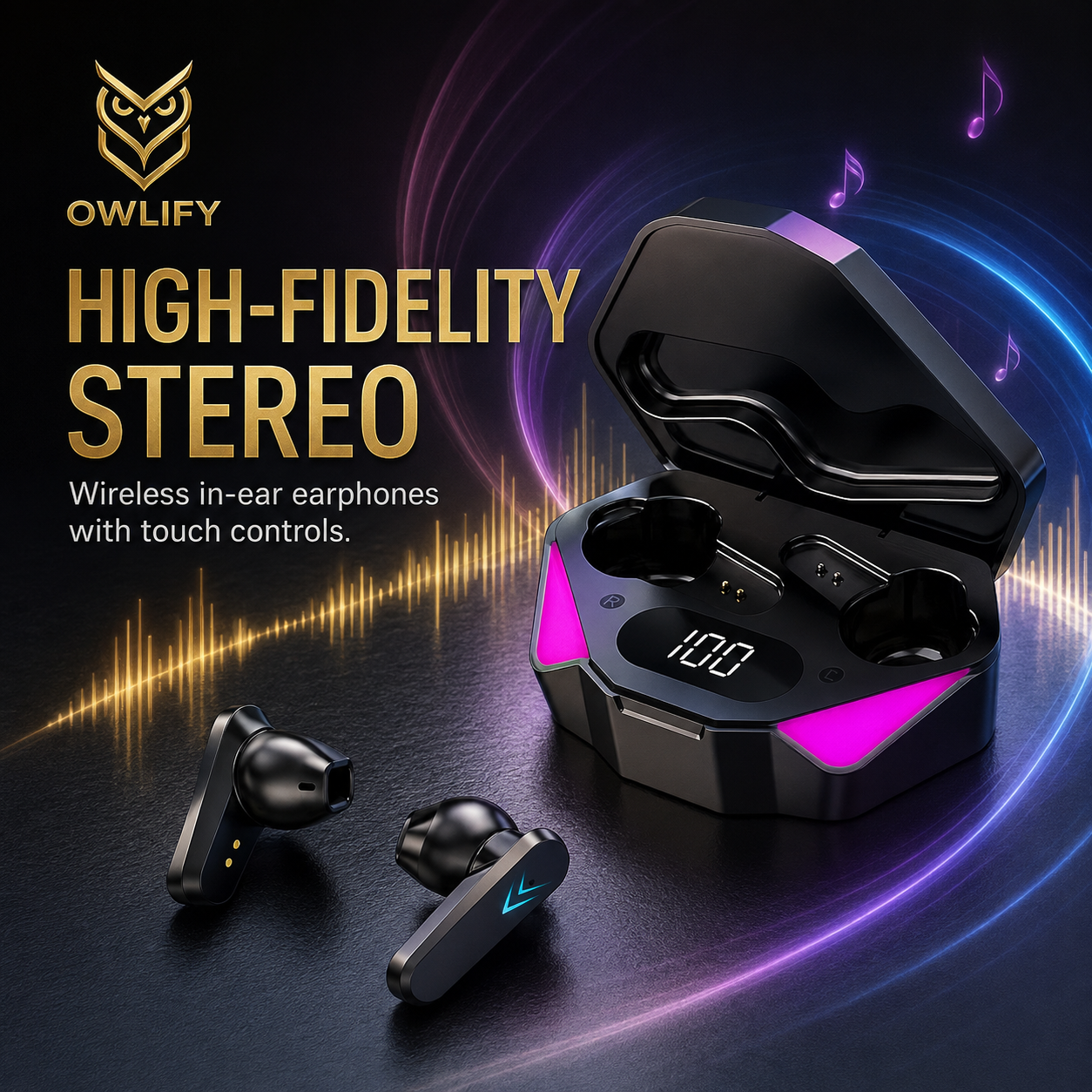 Owlify NeonCore Wireless Gaming Earbuds – Digital Power Display & Touch Control