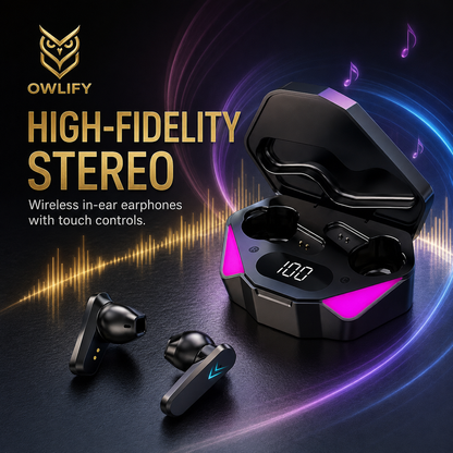 Owlify NeonCore Wireless Gaming Earbuds – Digital Power Display & Touch Control