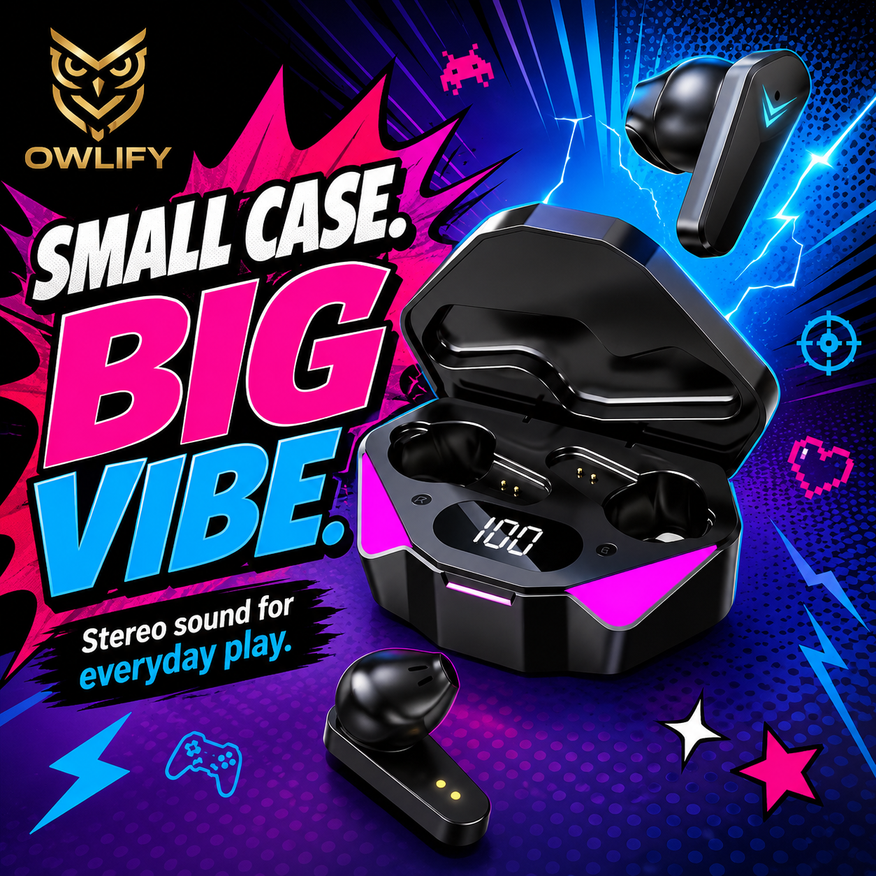 Owlify NeonCore Wireless Gaming Earbuds – Digital Power Display & Touch Control