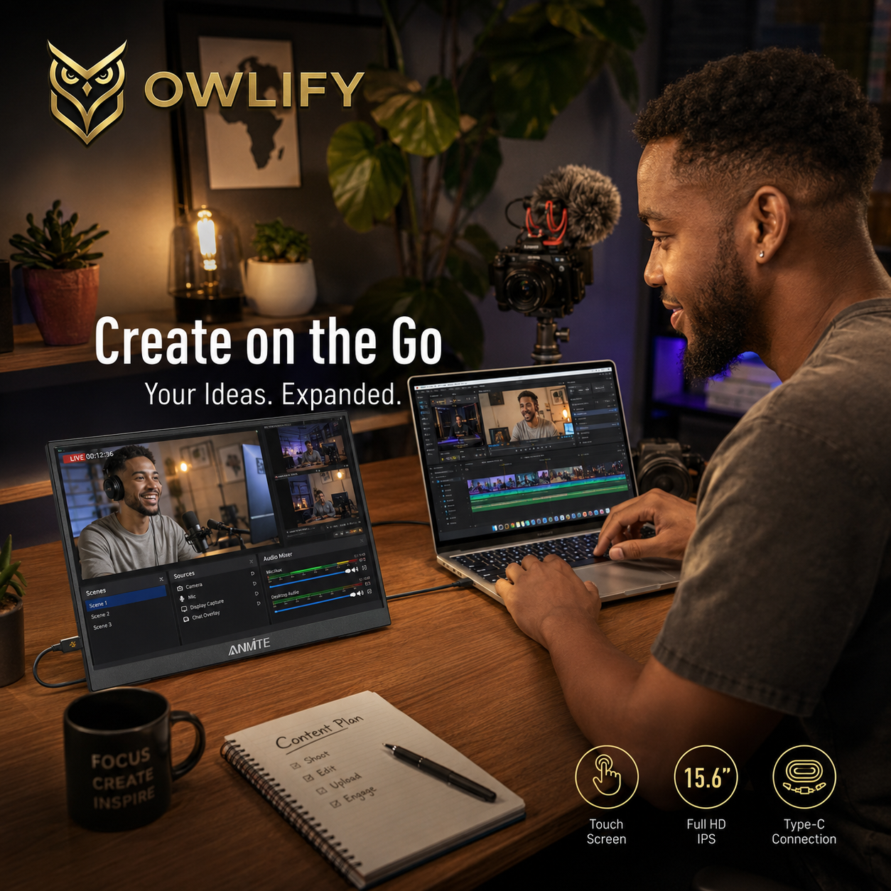 Owlify VisionNest 15.6” Touchscreen Display | Portable FHD Monitor for Creators, Streamers & Gamers