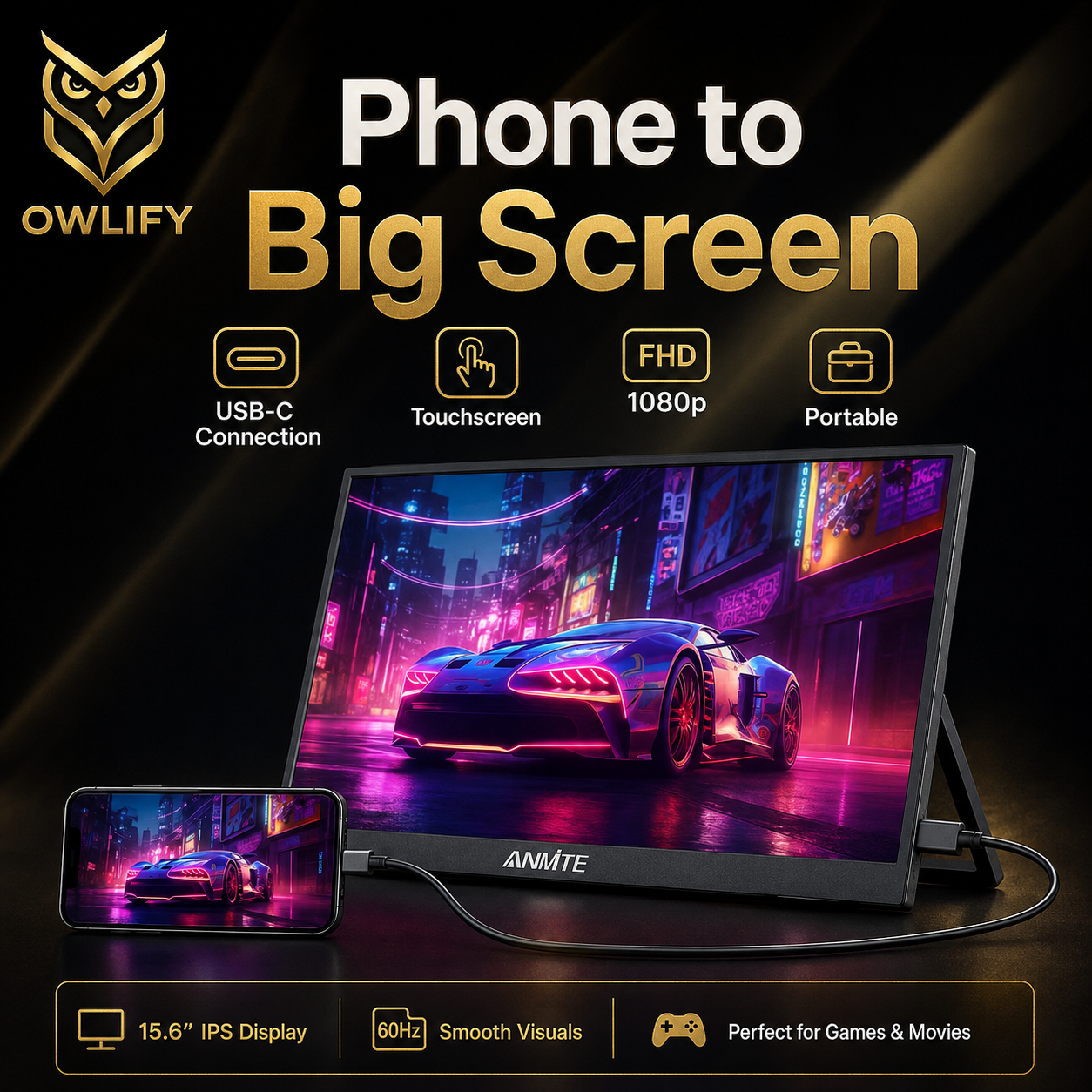 Owlify VisionNest 15.6” Touchscreen Display | Portable FHD Monitor for Creators, Streamers & Gamers