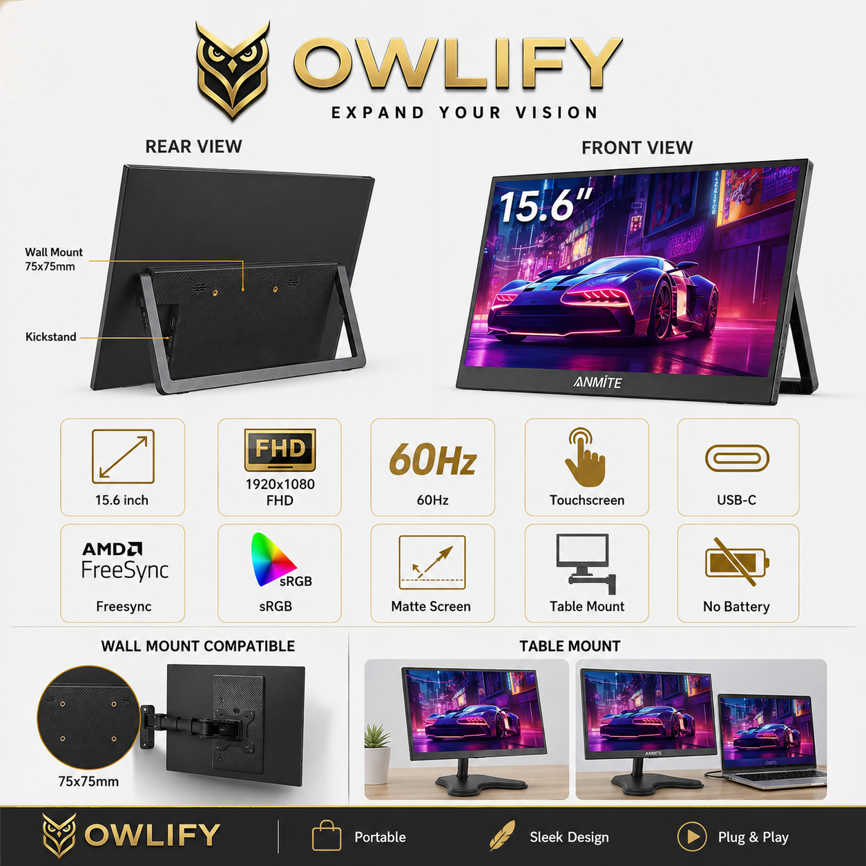 Owlify VisionNest 15.6” Touchscreen Display | Portable FHD Monitor for Creators, Streamers & Gamers