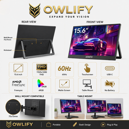 Owlify VisionNest 15.6” Touchscreen Display | Portable FHD Monitor for Creators, Streamers & Gamers