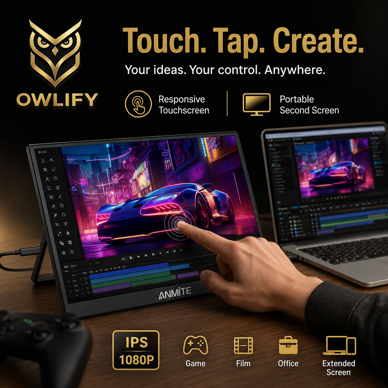 Owlify VisionNest 15.6” Touchscreen Display | Portable FHD Monitor for Creators, Streamers & Gamers