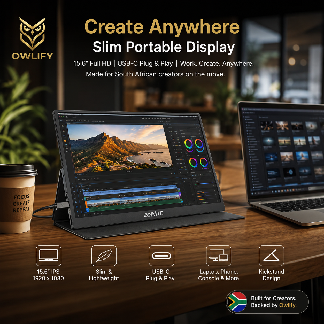 Owlify VisionNest 15.6” Touchscreen Display | Portable FHD Monitor for Creators, Streamers & Gamers