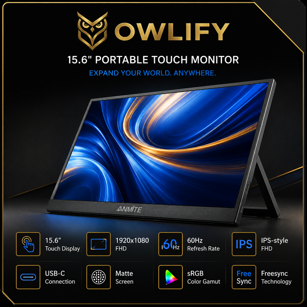 Owlify VisionNest 15.6” Touchscreen Display | Portable FHD Monitor for Creators, Streamers & Gamers