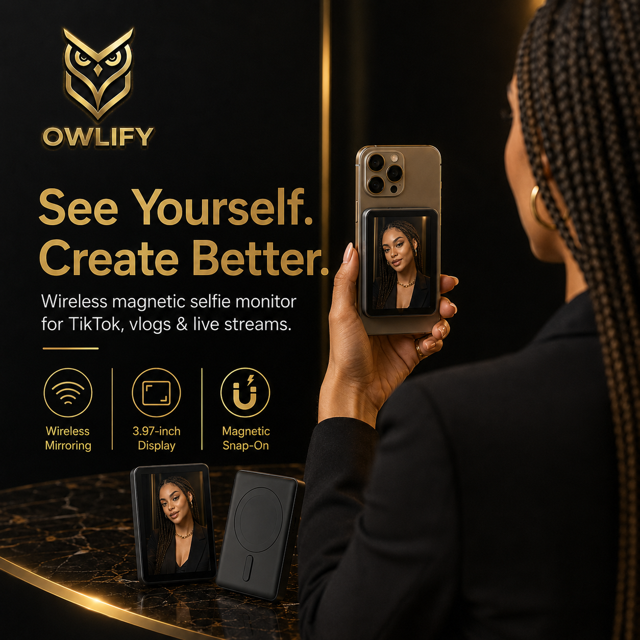 Owlify RearView™ Magnetic Creator Monitor – Wireless Selfie Screen for Rear-Camera Vlogging, TikTok, Reels & Livestreaming