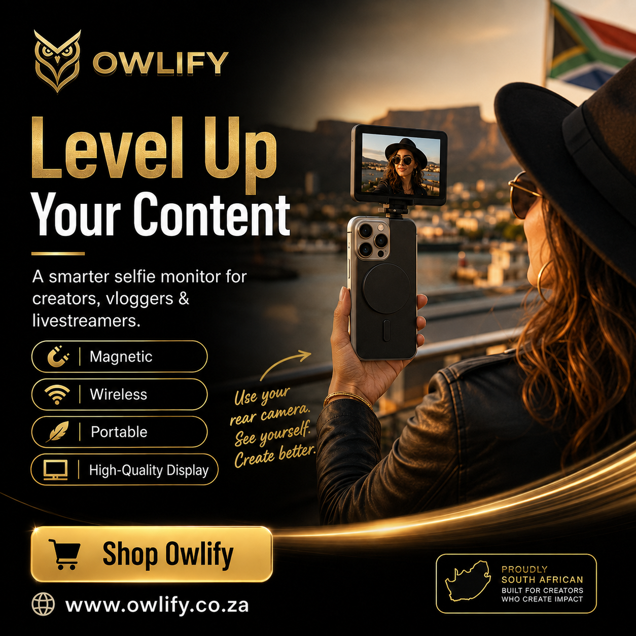 Owlify RearView™ Magnetic Creator Monitor – Wireless Selfie Screen for Rear-Camera Vlogging, TikTok, Reels & Livestreaming