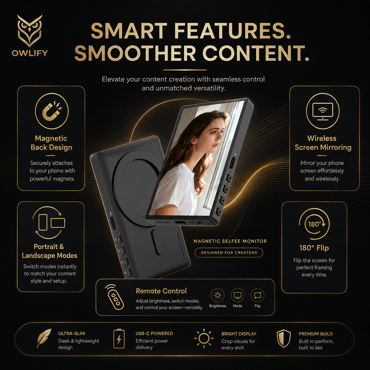 Owlify RearView™ Magnetic Creator Monitor – Wireless Selfie Screen for Rear-Camera Vlogging, TikTok, Reels & Livestreaming