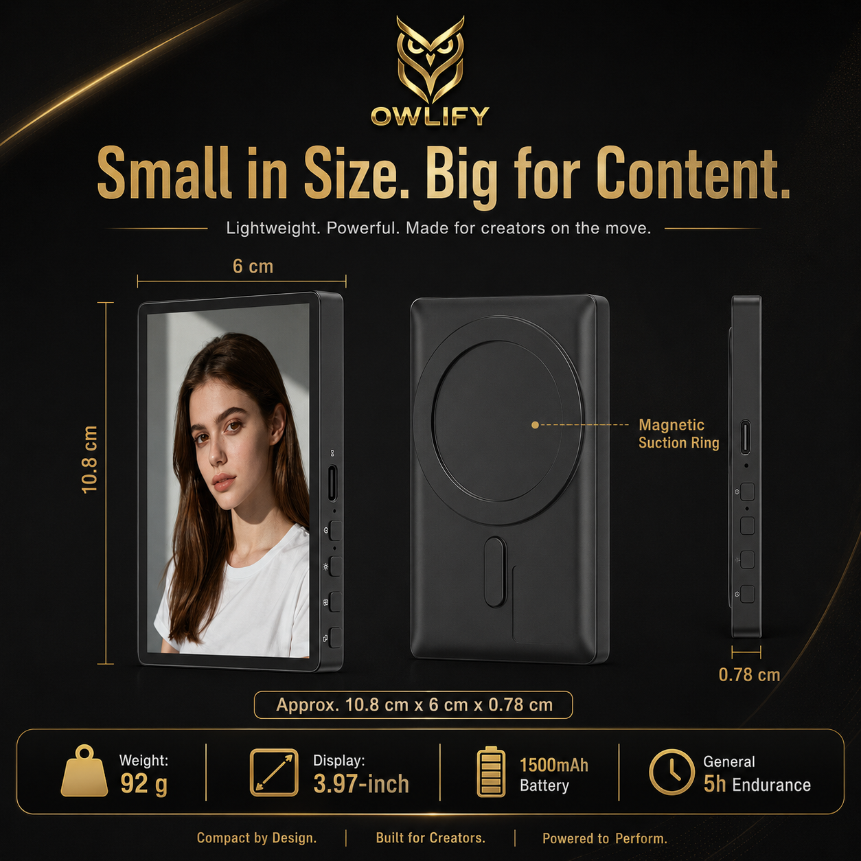 Owlify RearView™ Magnetic Creator Monitor – Wireless Selfie Screen for Rear-Camera Vlogging, TikTok, Reels & Livestreaming