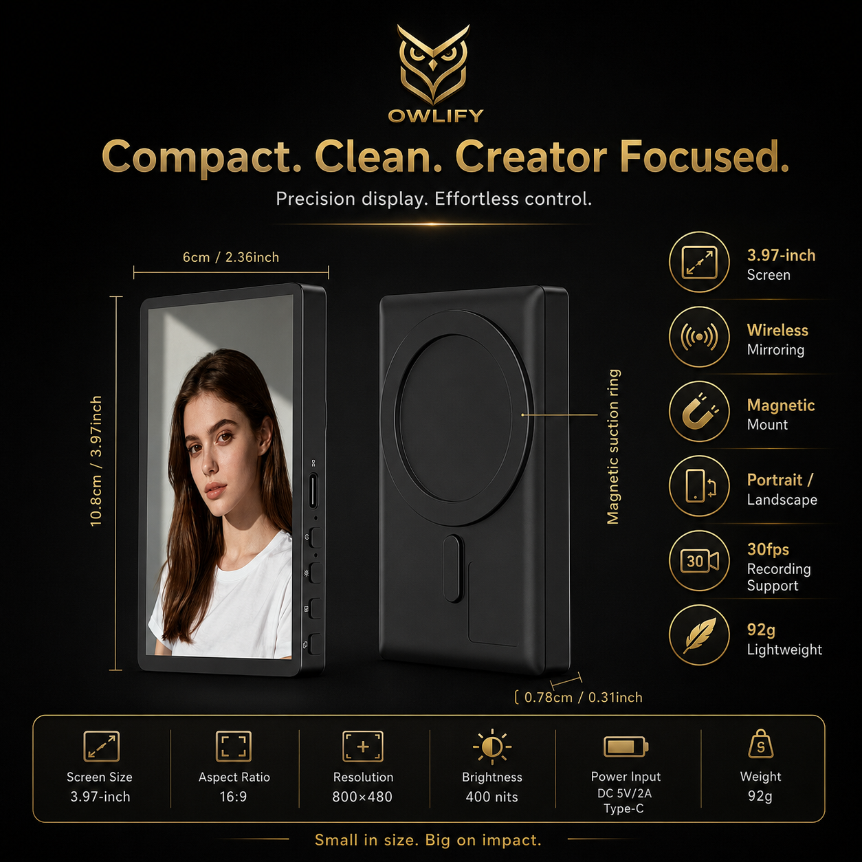 Owlify RearView™ Magnetic Creator Monitor – Wireless Selfie Screen for Rear-Camera Vlogging, TikTok, Reels & Livestreaming