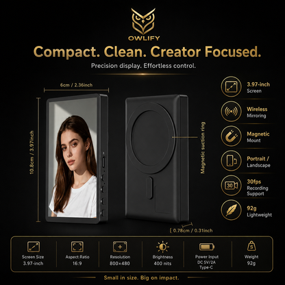Owlify RearView™ Magnetic Creator Monitor – Wireless Selfie Screen for Rear-Camera Vlogging, TikTok, Reels & Livestreaming