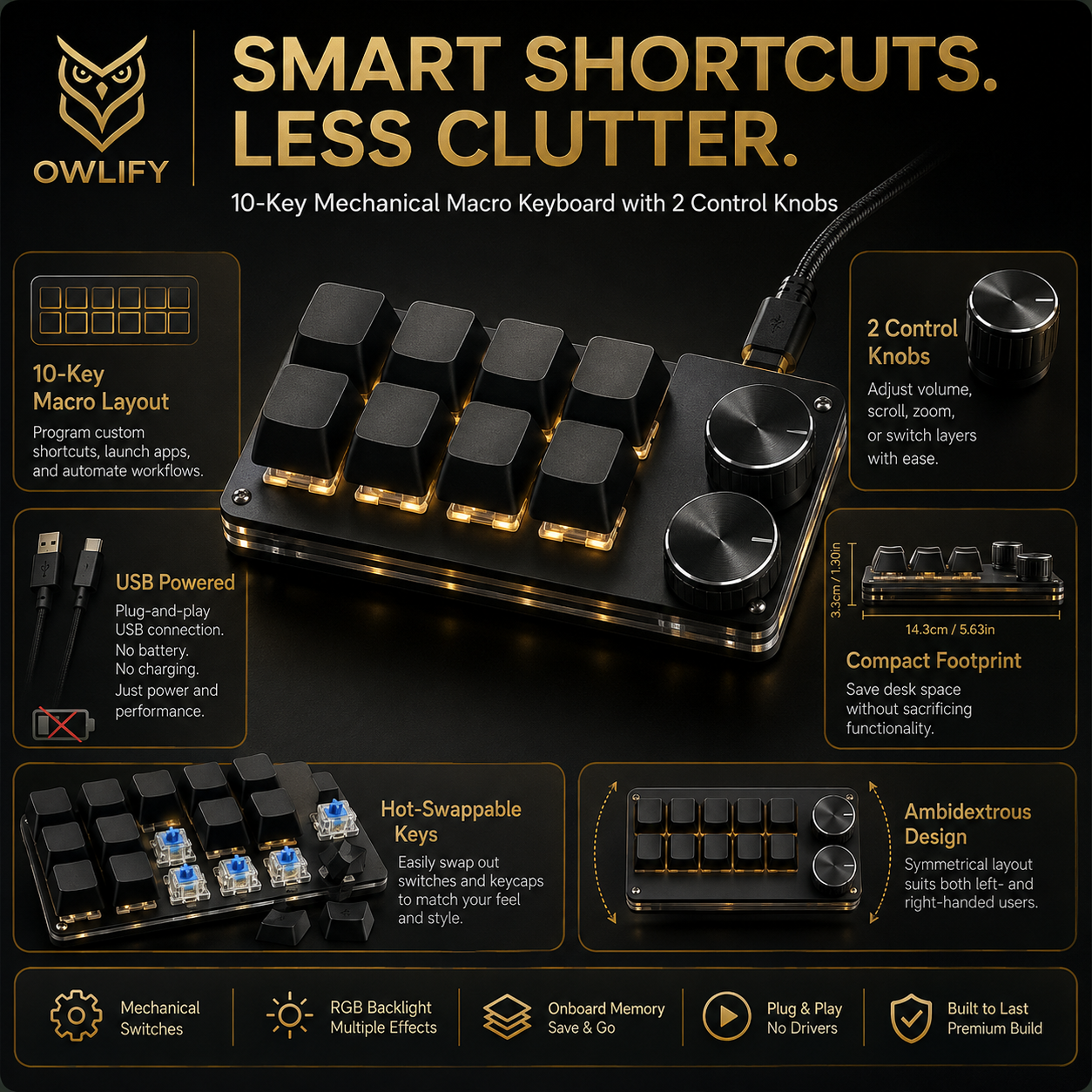 Owlify CreatorDeck X10 – Programmable Mechanical Macro Pad with Dual Control Knobs
