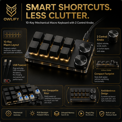 Owlify CreatorDeck X10 – Programmable Mechanical Macro Pad with Dual Control Knobs