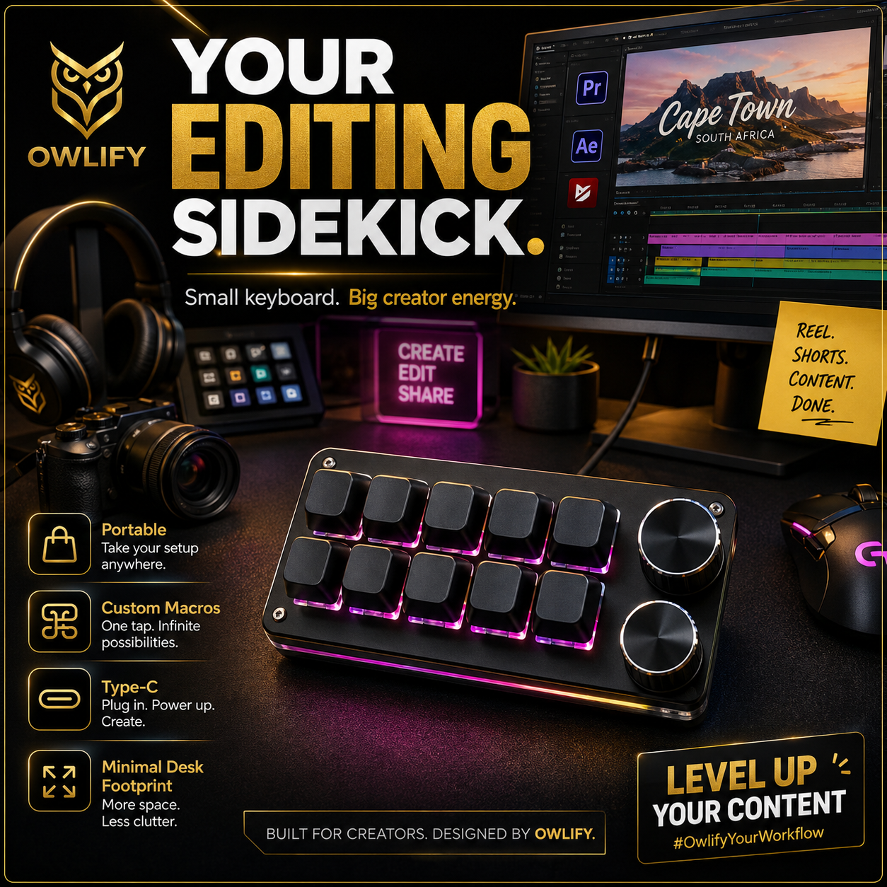 Owlify CreatorDeck X10 – Programmable Mechanical Macro Pad with Dual Control Knobs