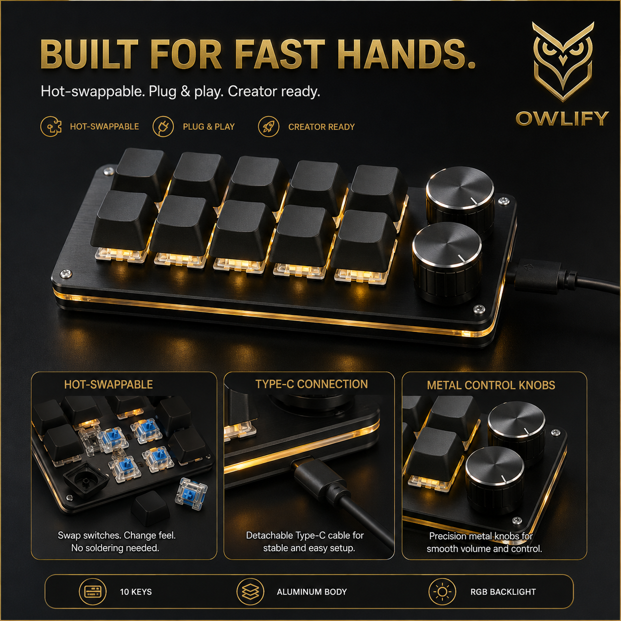 Owlify CreatorDeck X10 – Programmable Mechanical Macro Pad with Dual Control Knobs