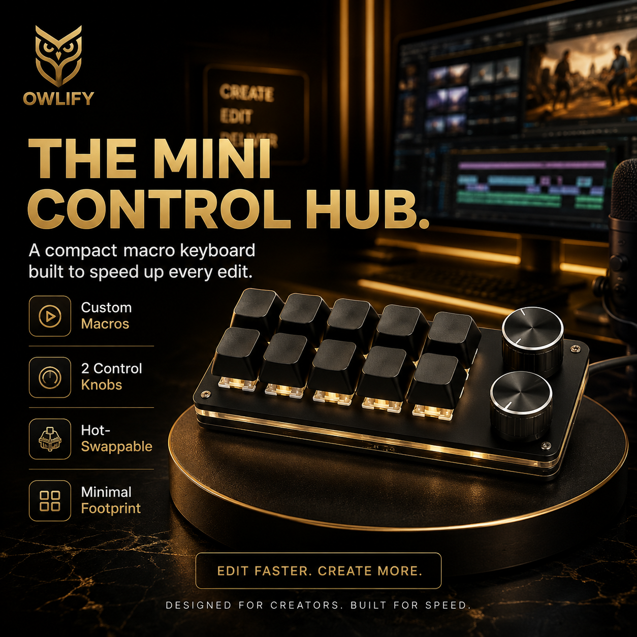Owlify CreatorDeck X10 – Programmable Mechanical Macro Pad with Dual Control Knobs
