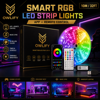 Owlify Smart RGB LED Strip Lights with App & Remote Control | Music Sync | 16M+ Colours