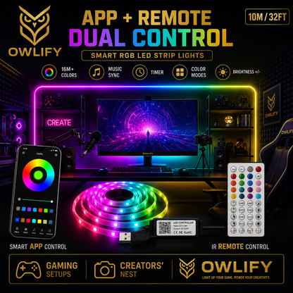 Owlify Smart RGB LED Strip Lights with App & Remote Control | Music Sync | 16M+ Colours