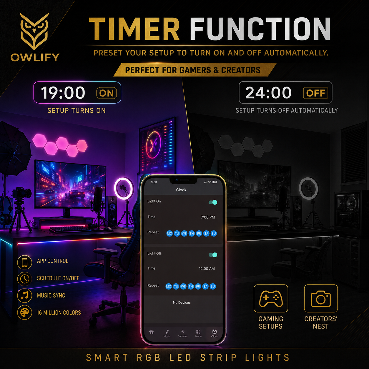 Owlify Smart RGB LED Strip Lights with App & Remote Control | Music Sync | 16M+ Colours
