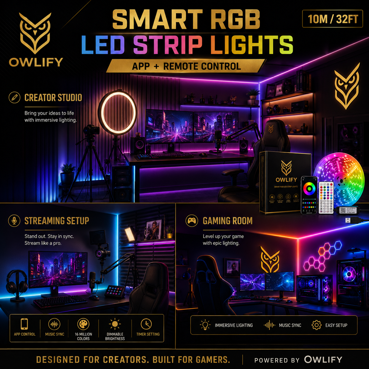 Owlify Smart RGB LED Strip Lights with App & Remote Control | Music Sync | 16M+ Colours