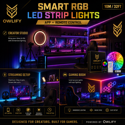 Owlify Smart RGB LED Strip Lights with App & Remote Control | Music Sync | 16M+ Colours