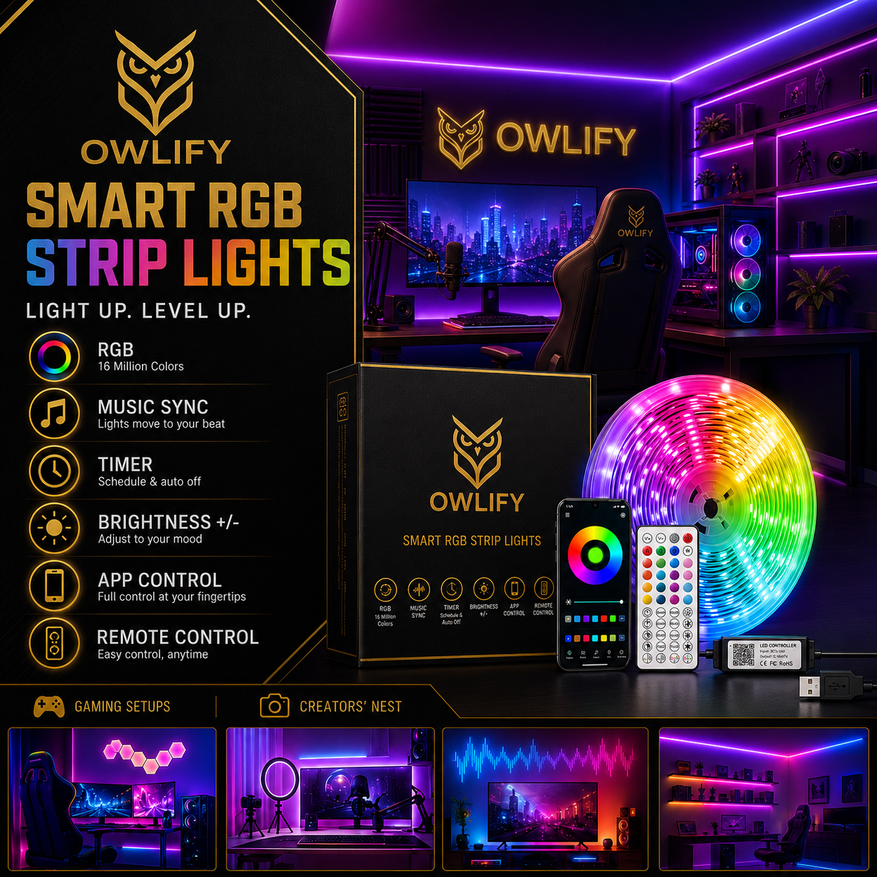 Owlify Smart RGB LED Strip Lights with App & Remote Control | Music Sync | 16M+ Colours