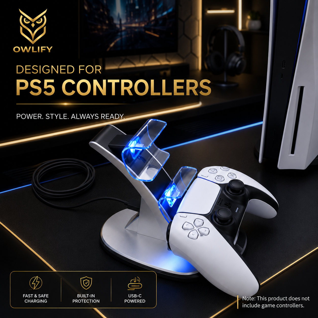 Owlify PS5 Controller Charger – Dual Charging Dock with LED Indicators & USB Fast Charge