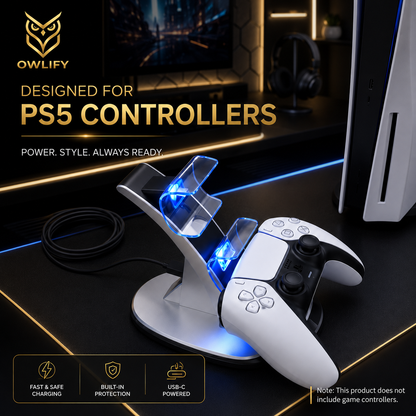 Owlify PS5 Controller Charger – Dual Charging Dock with LED Indicators & USB Fast Charge