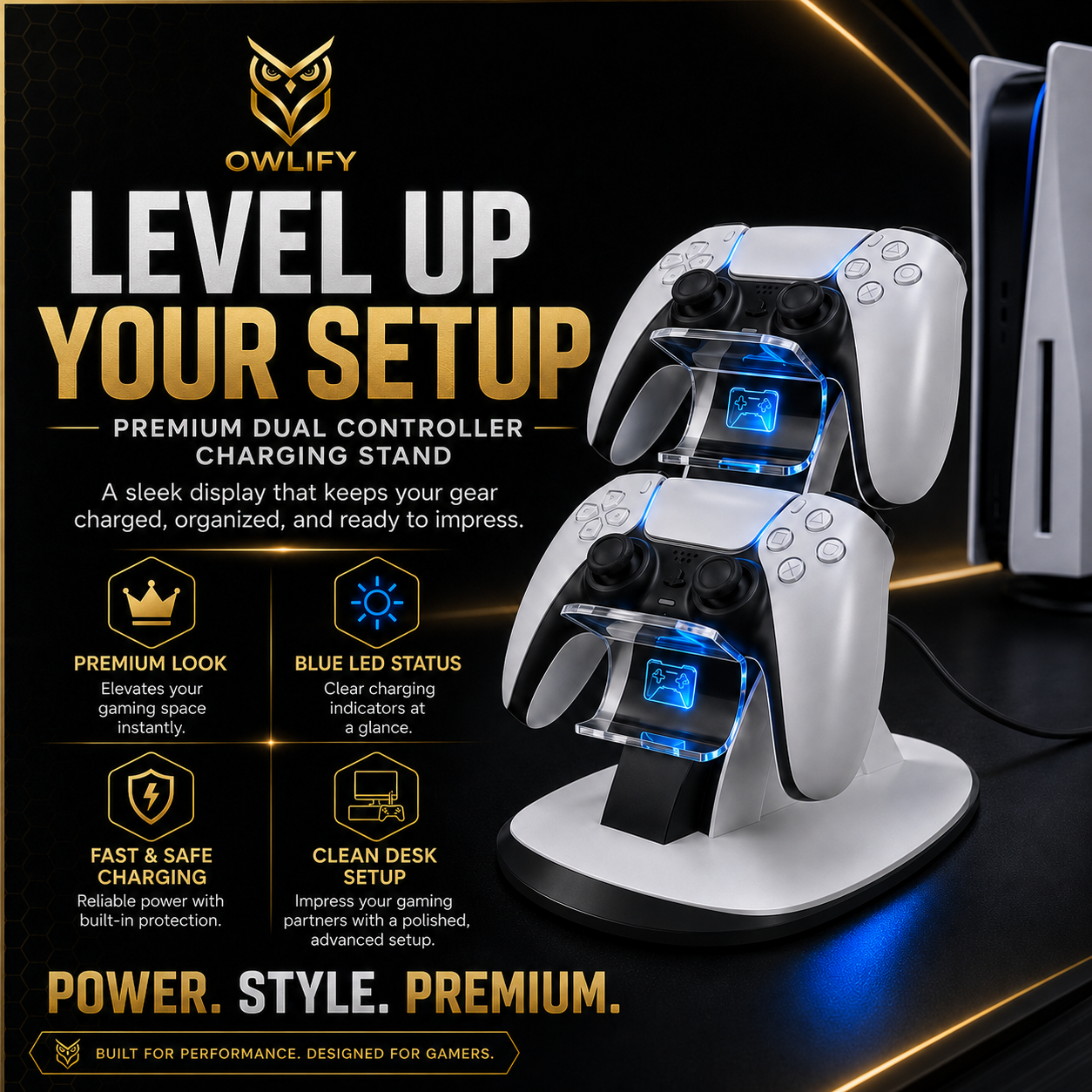 Owlify PS5 Controller Charger – Dual Charging Dock with LED Indicators & USB Fast Charge