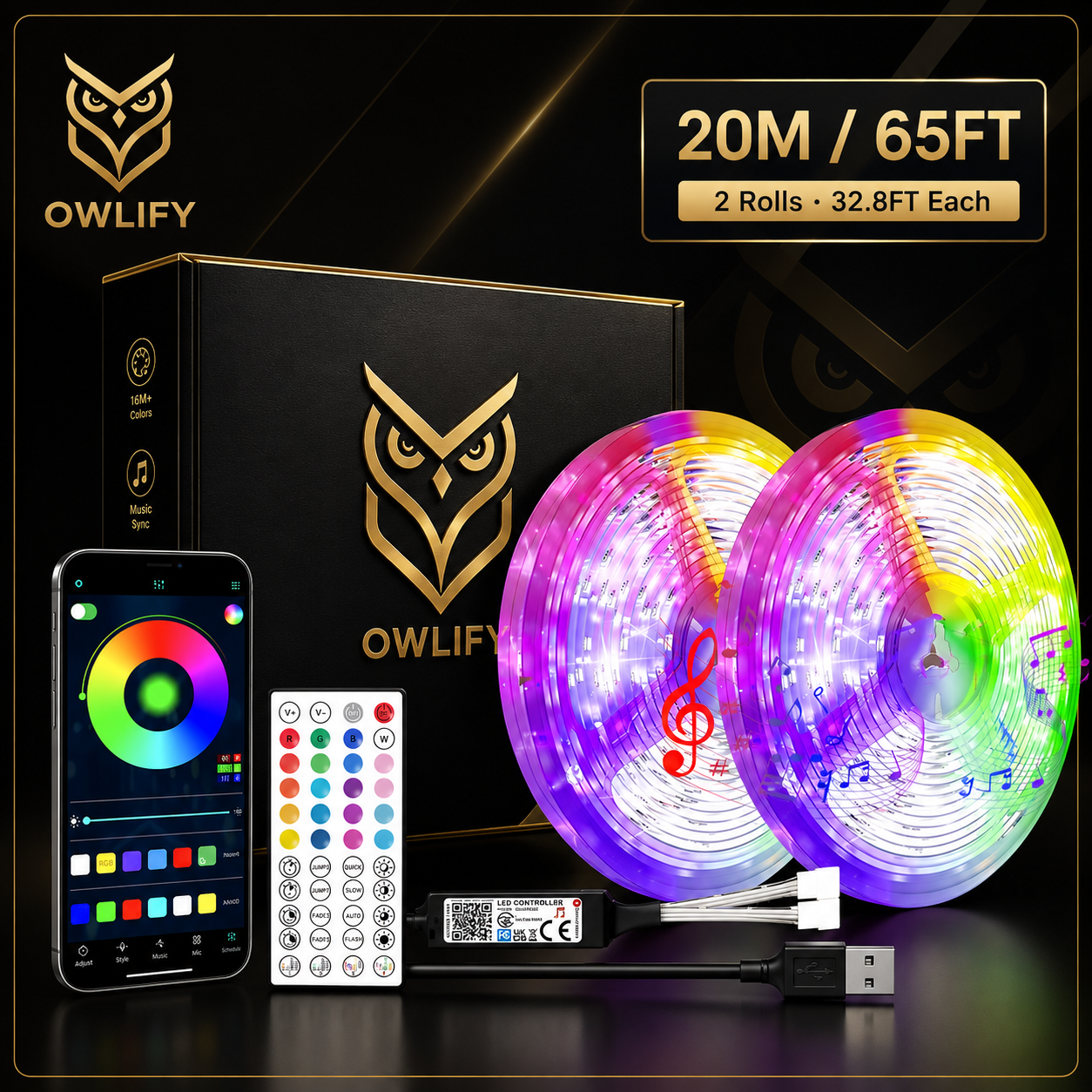 Owlify Smart RGB LED Strip Lights with App & Remote Control | Music Sync | 16M+ Colours