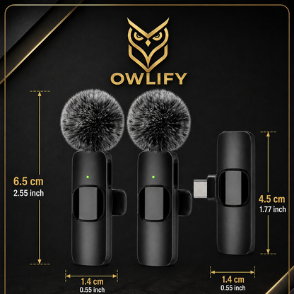 Owlify Pro Wireless Lavalier Microphone – Triple Noise Canceling | Plug & Play | 6Hr Battery