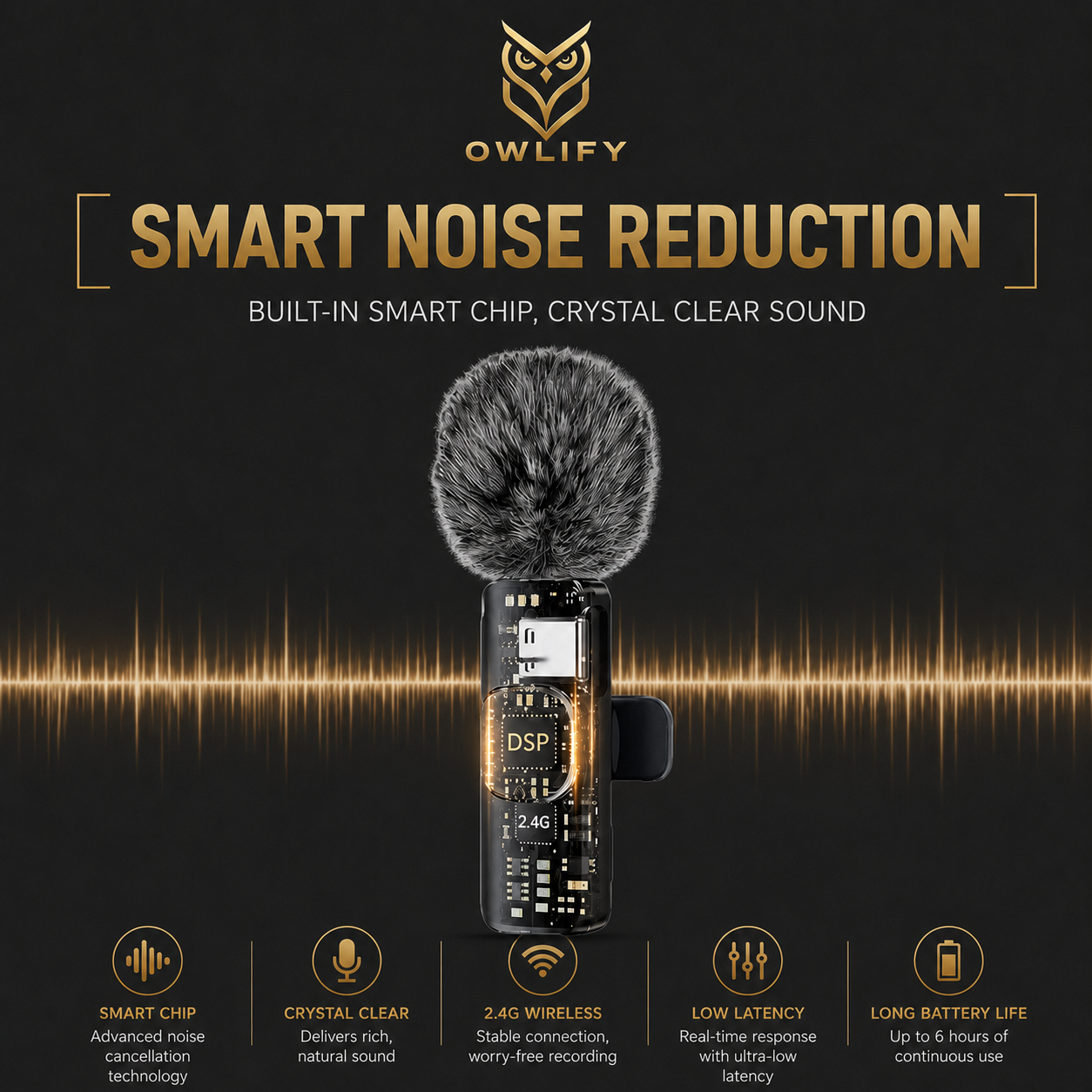 Owlify Pro Wireless Lavalier Microphone – Triple Noise Canceling | Plug & Play | 6Hr Battery