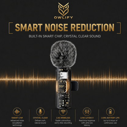Owlify Pro Wireless Lavalier Microphone – Triple Noise Canceling | Plug & Play | 6Hr Battery