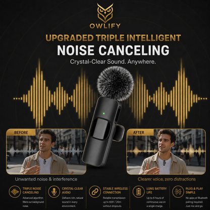 Owlify Pro Wireless Lavalier Microphone – Triple Noise Canceling | Plug & Play | 6Hr Battery
