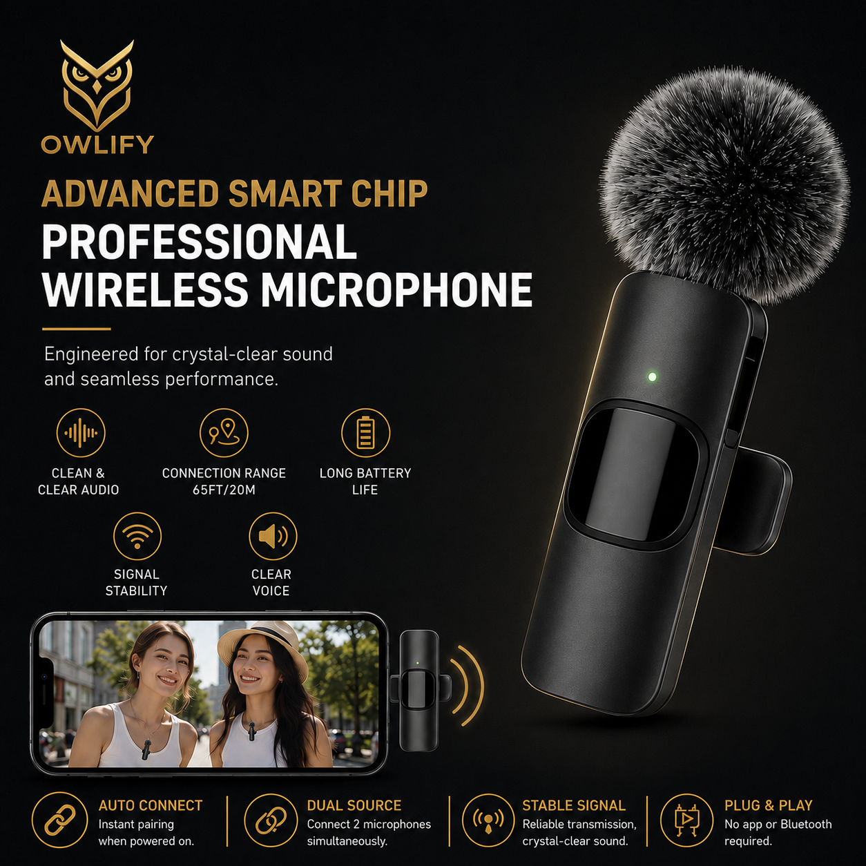 Owlify Pro Wireless Lavalier Microphone – Triple Noise Canceling | Plug & Play | 6Hr Battery